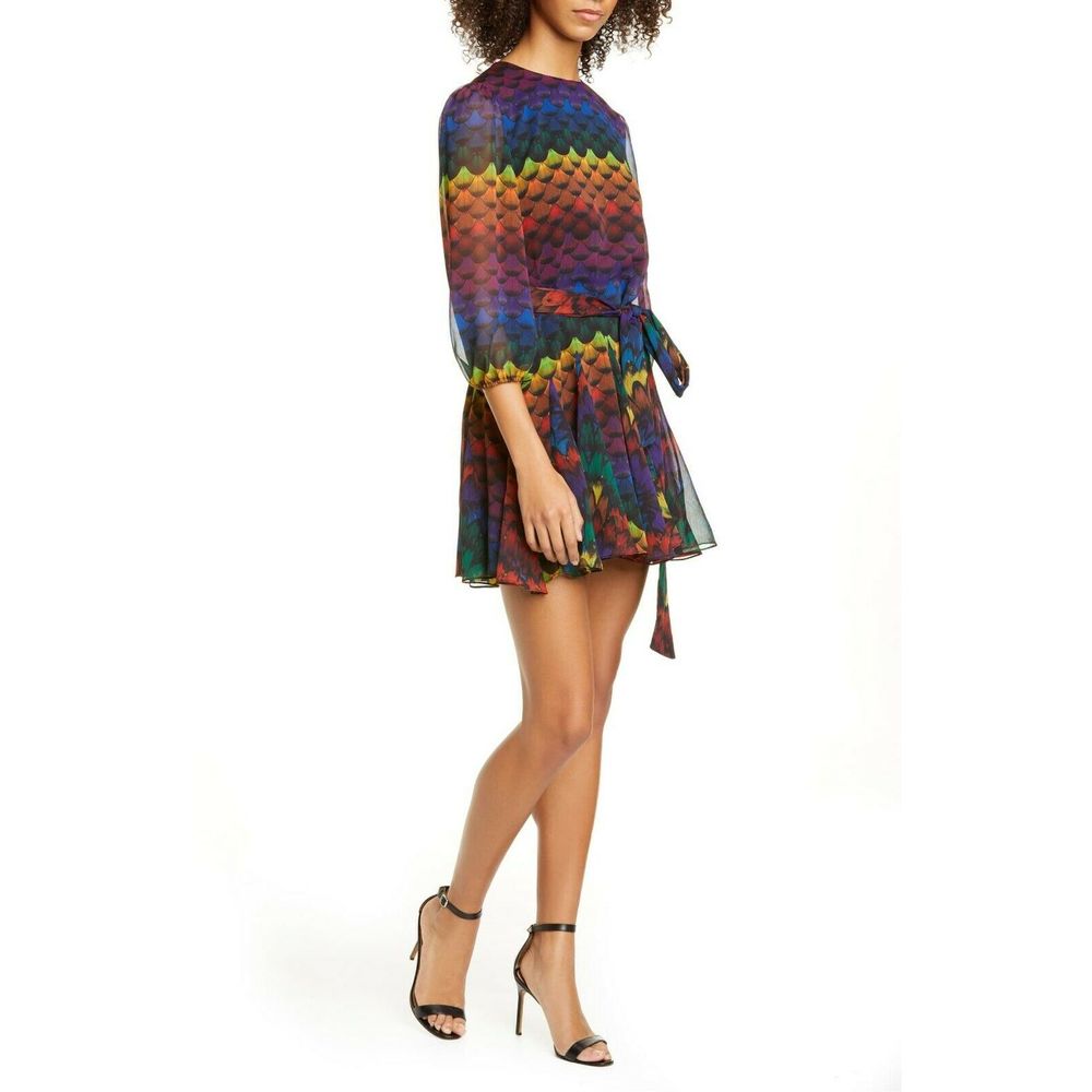 ALICE + OLIVIA Rainbow Feather Print MINA Dress 8 - Picture 2 of 5